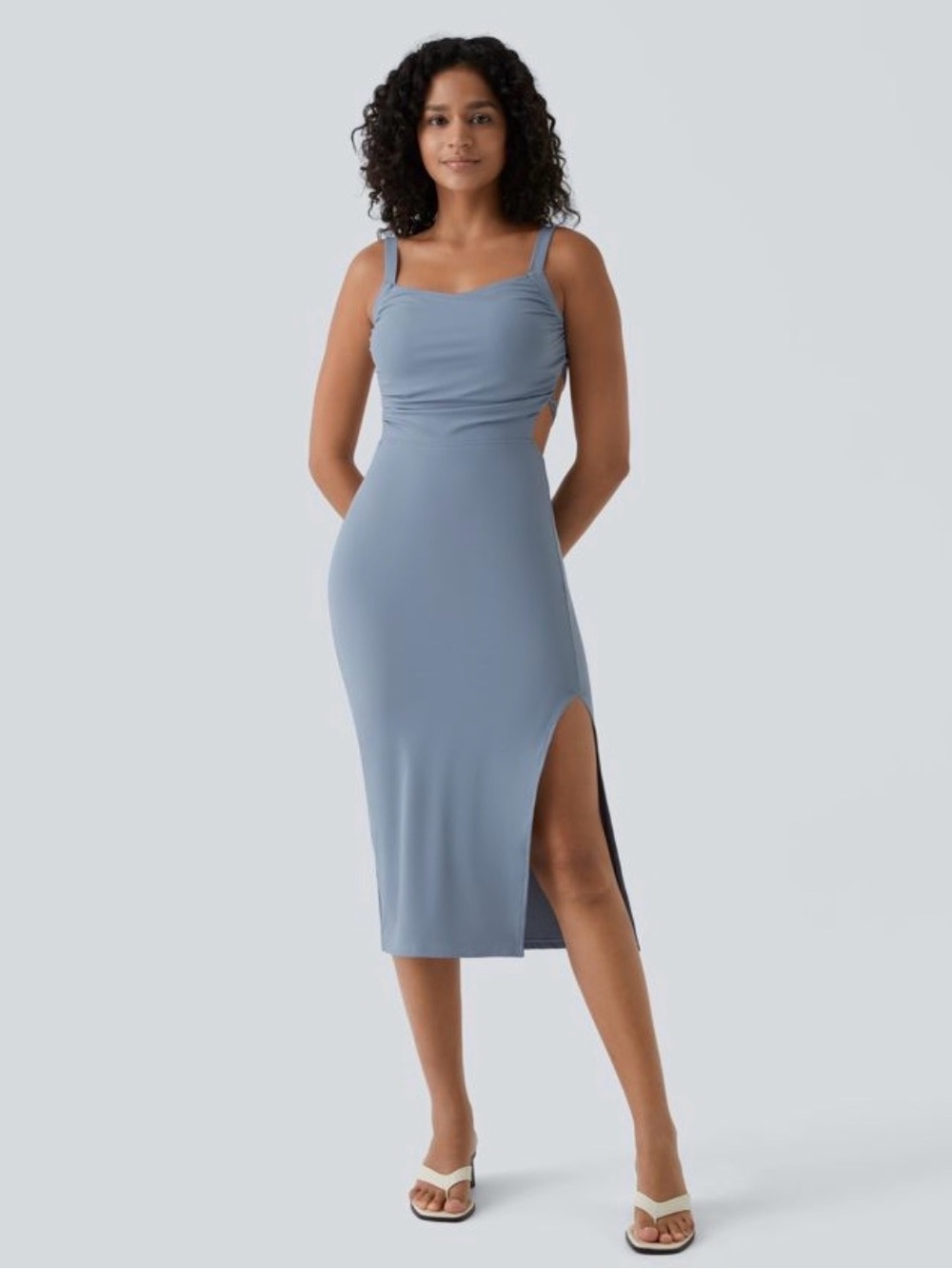 Halara SoftlyZero Airy Ruched Lace-Up Bodycon Midi Dress Snowflake Blue L – NWOT